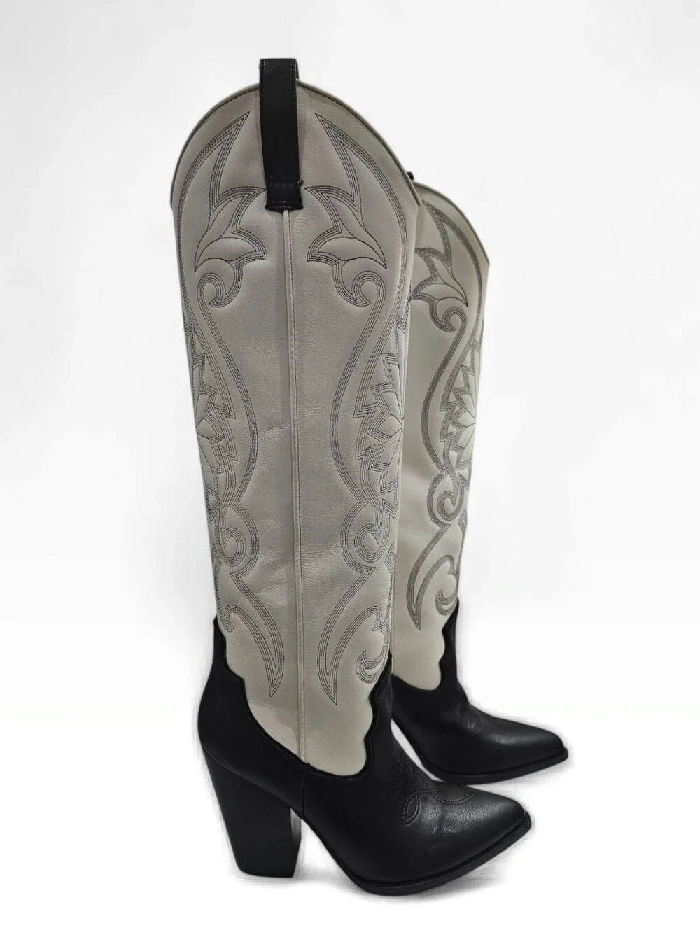 STEVE MADDEN Lasso Two Tone Black Bone Leather Tall Western Pointed Toe Boots 6M